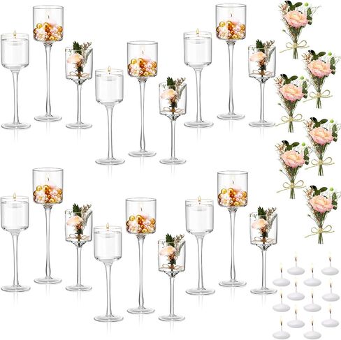 18 Pieces Glass Candle Holder for Table Tall Tea Lights Candle Holder Long Stem Clear Candle Holder Table Candles Centerpiece with 12 Pcs Floating Candles and Bouquets for Wedding Home Party Decor in Saudi Arabia