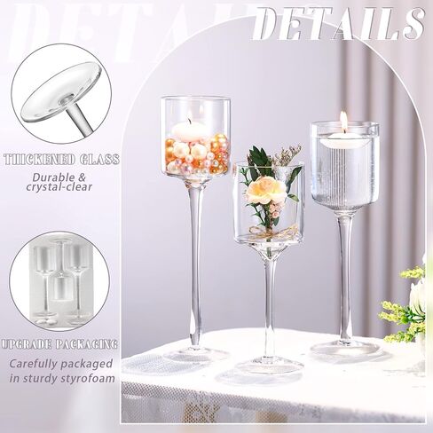 18 Pieces Glass Candle Holder for Table Tall Tea Lights Candle Holder Long Stem Clear Candle Holder Table Candles Centerpiece with 12 Pcs Floating Candles and Bouquets for Wedding Home Party Decor in Saudi Arabia