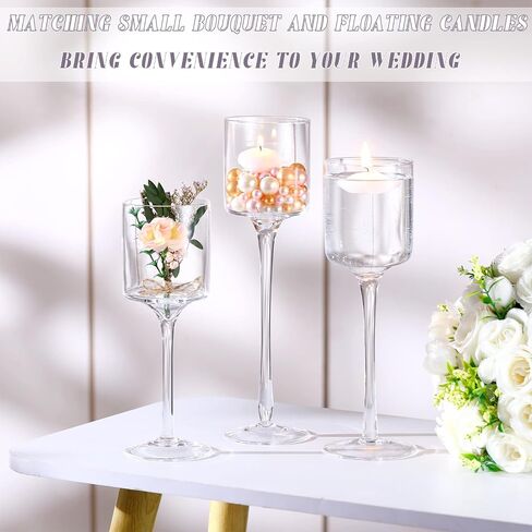 18 Pieces Glass Candle Holder for Table Tall Tea Lights Candle Holder Long Stem Clear Candle Holder Table Candles Centerpiece with 12 Pcs Floating Candles and Bouquets for Wedding Home Party Decor in Saudi Arabia