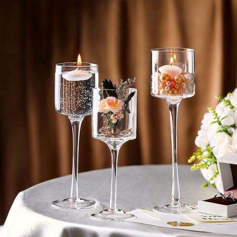 18 Pieces Glass Candle Holder for Table Tall Tea Lights Candle Holder Long Stem Clear Candle Holder Table Candles Centerpiece with 12 Pcs Floating Candles and Bouquets for Wedding Home Party Decor in Saudi Arabia