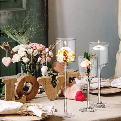 18 Pieces Glass Candle Holder for Table Tall Tea Lights Candle Holder Long Stem Clear Candle Holder Table Candles Centerpiece with 12 Pcs Floating Candles and Bouquets for Wedding Home Party Decor in Saudi Arabia