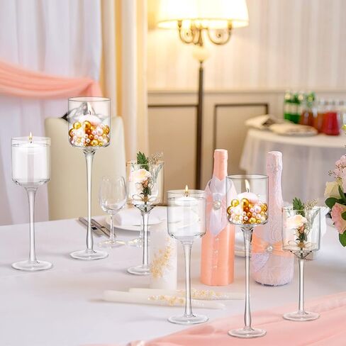 18 Pieces Glass Candle Holder for Table Tall Tea Lights Candle Holder Long Stem Clear Candle Holder Table Candles Centerpiece with 12 Pcs Floating Candles and Bouquets for Wedding Home Party Decor in Saudi Arabia