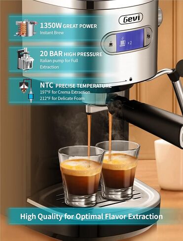 Gevi Espresso Machines 20 Bar ماكينة صنع قهوة الكابتشينو الأوتوماتيكية سريعة التسخين مع عصا رغوة الحليب للإسبريسو، خزان مياه قابل للإزالة سعة 1.2 لتر، نظام مزدوج للتحكم في درجة الحرارة، هدية للأم in Kuwait