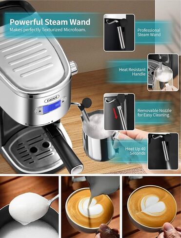 Gevi Espresso Machines 20 Bar ماكينة صنع قهوة الكابتشينو الأوتوماتيكية سريعة التسخين مع عصا رغوة الحليب للإسبريسو، خزان مياه قابل للإزالة سعة 1.2 لتر، نظام مزدوج للتحكم في درجة الحرارة، هدية للأم in Kuwait