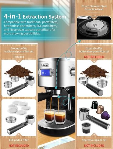 Gevi Espresso Machines 20 Bar ماكينة صنع قهوة الكابتشينو الأوتوماتيكية سريعة التسخين مع عصا رغوة الحليب للإسبريسو، خزان مياه قابل للإزالة سعة 1.2 لتر، نظام مزدوج للتحكم في درجة الحرارة، هدية للأم in Kuwait