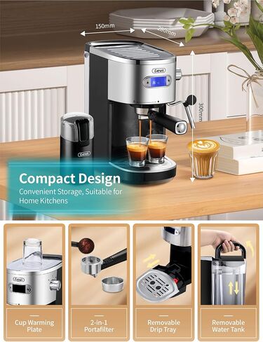 Gevi Espresso Machines 20 Bar ماكينة صنع قهوة الكابتشينو الأوتوماتيكية سريعة التسخين مع عصا رغوة الحليب للإسبريسو، خزان مياه قابل للإزالة سعة 1.2 لتر، نظام مزدوج للتحكم في درجة الحرارة، هدية للأم in Kuwait