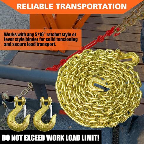 YATOINTO G80 Transport Binder Chain 5/16 Inch x 18 Foot with 2 Clevis Grab Hooks & 2 Added Clevis Snap Hook, 4,900 lbs SWL, Heavy-Duty Logging Chain for Transporting, Towing, Tie Down in Saudi Arabia