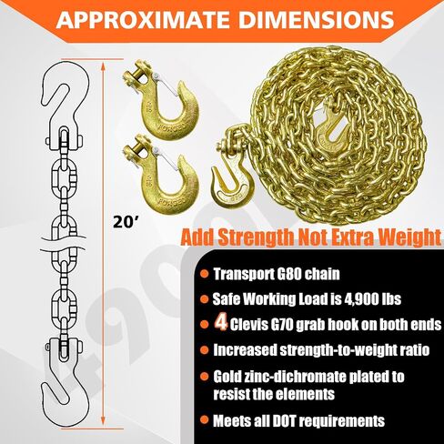 YATOINTO G80 Transport Binder Chain 5/16 Inch x 18 Foot with 2 Clevis Grab Hooks & 2 Added Clevis Snap Hook, 4,900 lbs SWL, Heavy-Duty Logging Chain for Transporting, Towing, Tie Down in Saudi Arabia