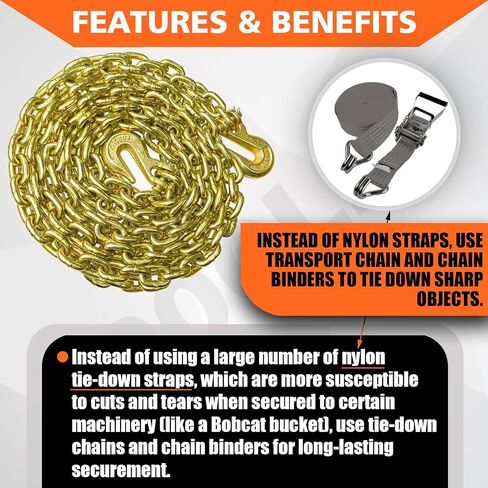 YATOINTO G80 Transport Binder Chain 5/16 Inch x 18 Foot with 2 Clevis Grab Hooks & 2 Added Clevis Snap Hook, 4,900 lbs SWL, Heavy-Duty Logging Chain for Transporting, Towing, Tie Down in Saudi Arabia