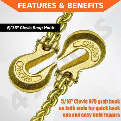 YATOINTO G80 Transport Binder Chain 5/16 Inch x 18 Foot with 2 Clevis Grab Hooks & 2 Added Clevis Snap Hook, 4,900 lbs SWL, Heavy-Duty Logging Chain for Transporting, Towing, Tie Down in Saudi Arabia