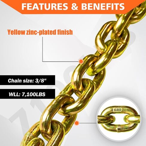 YATOINTO G80 Transport Binder Chain 3/8 Inch x 10 Foot with 4 Clevis Grab Hooks, 7,100 lbs Safe Working Load, Heavy-Duty Logging Chain for Transporting, Towing, Tie Down, Binding Equipment in Saudi Arabia
