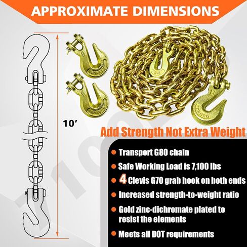 YATOINTO G80 Transport Binder Chain 3/8 Inch x 10 Foot with 4 Clevis Grab Hooks, 7,100 lbs Safe Working Load, Heavy-Duty Logging Chain for Transporting, Towing, Tie Down, Binding Equipment in Saudi Arabia