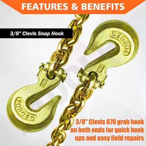 YATOINTO G80 Transport Binder Chain 3/8 Inch x 10 Foot with 4 Clevis Grab Hooks, 7,100 lbs Safe Working Load, Heavy-Duty Logging Chain for Transporting, Towing, Tie Down, Binding Equipment in Saudi Arabia
