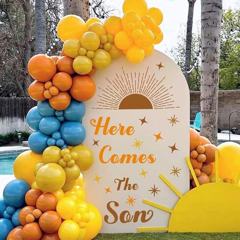 ملصق حفلة استحمام الطفل هنا يأتي الابن خلفية ملصق Boho Sunshine ملصقات جدار لديكورات قوس البالون الجنس تكشف عن ملصقات صبي أو فتاة محايدة ديكور علامة الطفل حديث الولادة in Kuwait