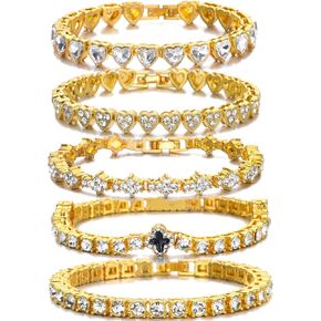 5PCS Diamond Tennis Chain Bracelet Set for Women ,Gold/Silver Plated Bangle Cuff Heart Shape Floral Clover Cross Charms Single Row Diamond Layered Link Bracelet Set Fashion Jewelry for Women Set in Saudi Arabia