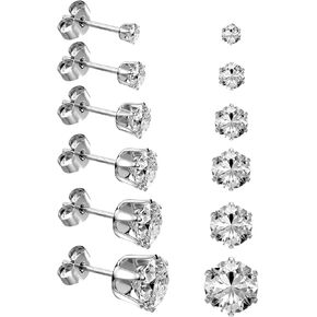 6 Pairs Stainless Steel Stud Earrings Set, Silver 14K Gold Plated 316L Stainless Steel Hypoallergenic Cubic Zirconia CZ Earring for Women Men 3-8mm in Saudi Arabia