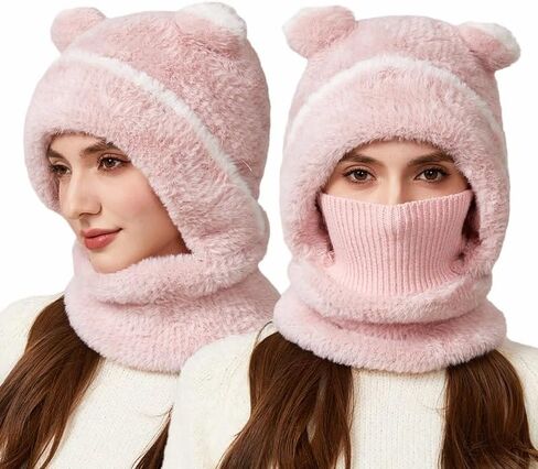 Bear Beanie for Women, 2026 Cute Soft Warm Knitted 3 in 1 Cold-Proof Winter Hood with Scarf Mask Valentine's Day Gift in Saudi Arabia
