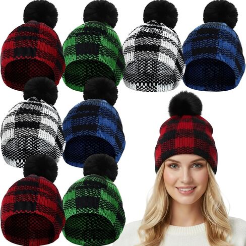 Christmas Winter Buffalo Plaid Cuff Beanie Hat Winter Warm Soft Stretch Pom Pom Hat Thick Chunky Knit Cap for Women Men in Saudi Arabia