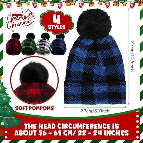 Christmas Winter Buffalo Plaid Cuff Beanie Hat Winter Warm Soft Stretch Pom Pom Hat Thick Chunky Knit Cap for Women Men in Saudi Arabia