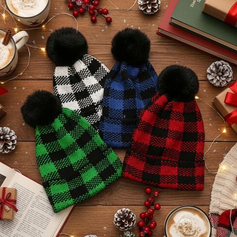 Christmas Winter Buffalo Plaid Cuff Beanie Hat Winter Warm Soft Stretch Pom Pom Hat Thick Chunky Knit Cap for Women Men in Saudi Arabia