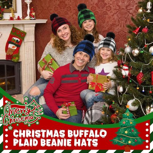 Christmas Winter Buffalo Plaid Cuff Beanie Hat Winter Warm Soft Stretch Pom Pom Hat Thick Chunky Knit Cap for Women Men in Saudi Arabia
