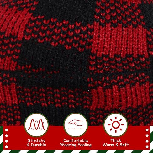 Christmas Winter Buffalo Plaid Cuff Beanie Hat Winter Warm Soft Stretch Pom Pom Hat Thick Chunky Knit Cap for Women Men in Saudi Arabia