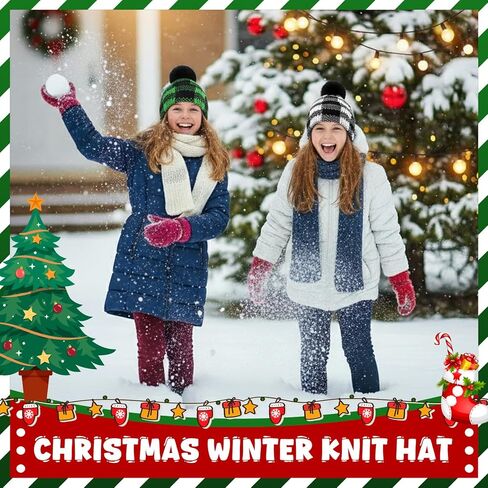 Christmas Winter Buffalo Plaid Cuff Beanie Hat Winter Warm Soft Stretch Pom Pom Hat Thick Chunky Knit Cap for Women Men in Saudi Arabia
