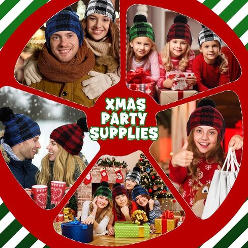 Christmas Winter Buffalo Plaid Cuff Beanie Hat Winter Warm Soft Stretch Pom Pom Hat Thick Chunky Knit Cap for Women Men in Saudi Arabia