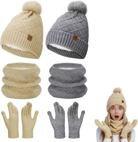 MEWTOGO Thick Fleece Winter Warmer Breathable Beanie Neck Gaiter Touchscreen Gloves Set for Women Gifts, 2 Sets in Kuwait