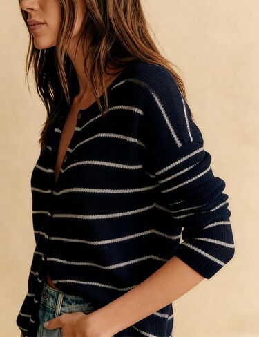 Hongsui Women's Casual Striped Knit Cardigan Button Down Crewneck Sweater Loose Color Block Outerwear in Saudi Arabia