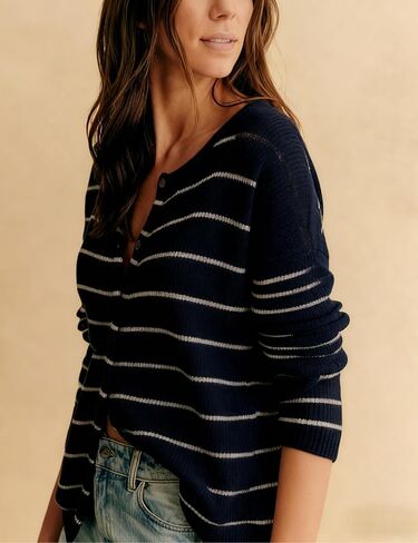 Hongsui Women's Casual Striped Knit Cardigan Button Down Crewneck Sweater Loose Color Block Outerwear in Saudi Arabia