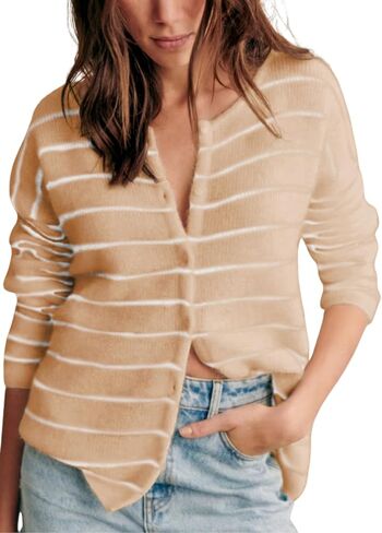 Hongsui Women's Casual Striped Knit Cardigan Button Down Crewneck Sweater Loose Color Block Outerwear in Saudi Arabia