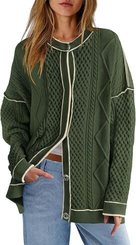 ReachMe Womens Cable Knit Oversized Cardigans Button Up Striped Sweater Jackets Fall Casual Outerwear Coats with Pockets in Saudi Arabia