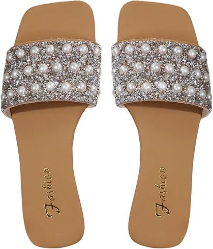 Women's Rhinestone Sandals Square Open Toe Slip on Slippers in Saudi Arabia