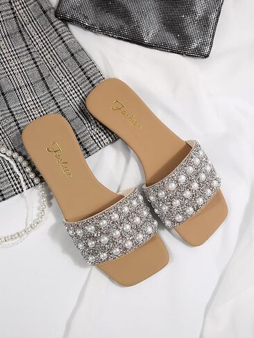 Women's Rhinestone Sandals Square Open Toe Slip on Slippers in Saudi Arabia