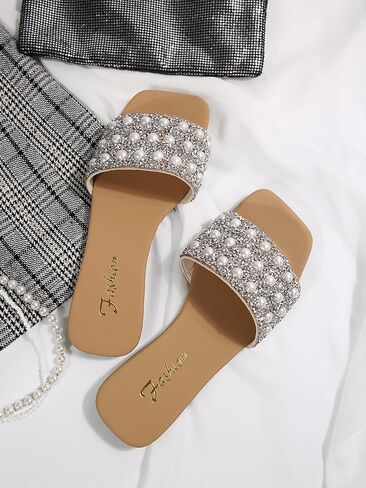 Women's Rhinestone Sandals Square Open Toe Slip on Slippers in Saudi Arabia