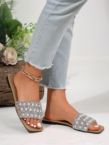 Women's Rhinestone Sandals Square Open Toe Slip on Slippers in Saudi Arabia