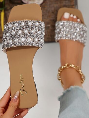 Women's Rhinestone Sandals Square Open Toe Slip on Slippers in Saudi Arabia