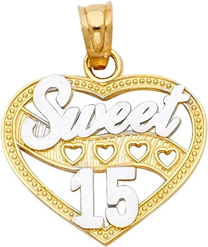 Solid 14k Yellow White Gold Sweet 15 Heart Pendant Quinceanera Charm Diamond Cut Two Tone 17 x 17 mm in Saudi Arabia