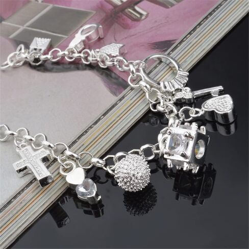 925 Sterling Silver Plated Charm Bracelets for Women Love Heart Multi-Charm Chain Bracelet Bangle in Saudi Arabia