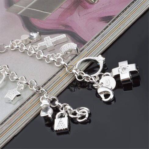 925 Sterling Silver Plated Charm Bracelets for Women Love Heart Multi-Charm Chain Bracelet Bangle in Saudi Arabia
