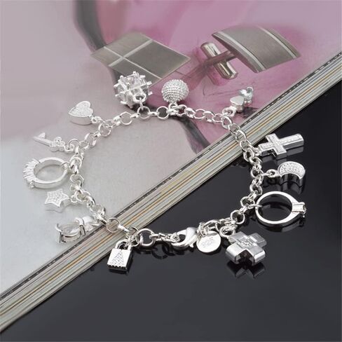 925 Sterling Silver Plated Charm Bracelets for Women Love Heart Multi-Charm Chain Bracelet Bangle in Saudi Arabia