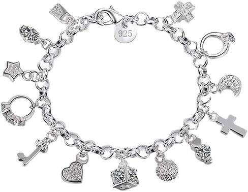 925 Sterling Silver Plated Charm Bracelets for Women Love Heart Multi-Charm Chain Bracelet Bangle in Saudi Arabia