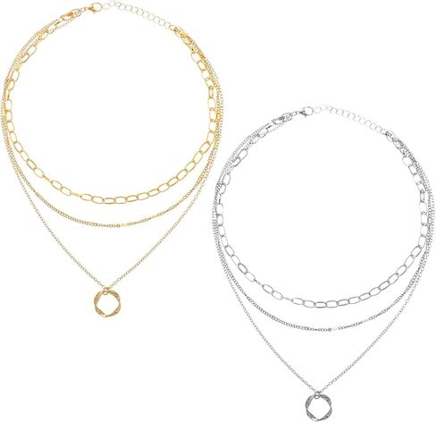 2 PCS Layered Necklaces for Women, Gold & Silver Multi Layered Necklaces with Pendant, Stacked Necklace Elegant Multilayer Adjustable Layering Chain in Saudi Arabia