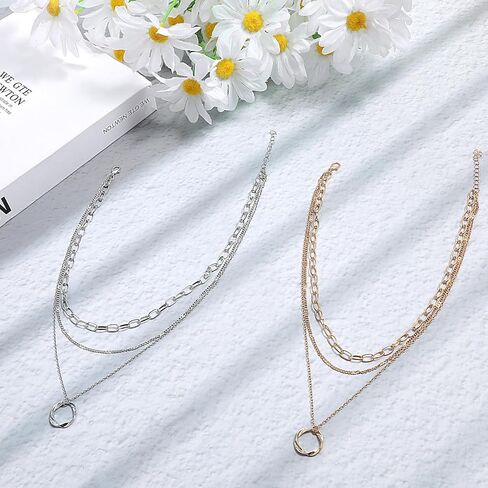 2 PCS Layered Necklaces for Women, Gold & Silver Multi Layered Necklaces with Pendant, Stacked Necklace Elegant Multilayer Adjustable Layering Chain in Saudi Arabia
