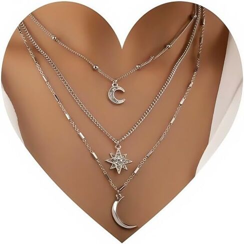 Celestial Layered Necklace, Silver Chain with Crystal Moon and Star Pendants, 3-Strand Design in Saudi Arabia
