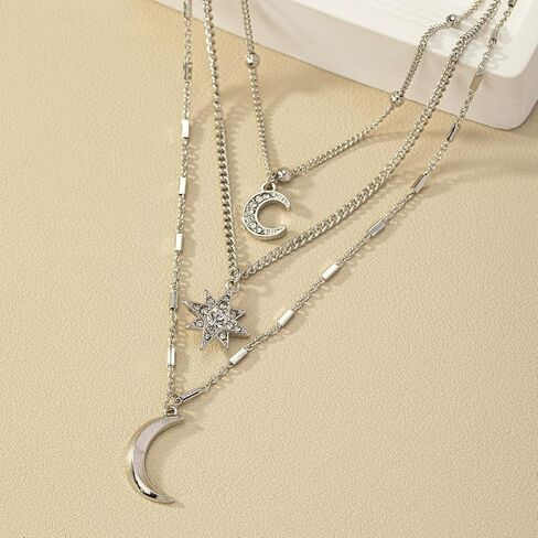 Celestial Layered Necklace, Silver Chain with Crystal Moon and Star Pendants, 3-Strand Design in Saudi Arabia