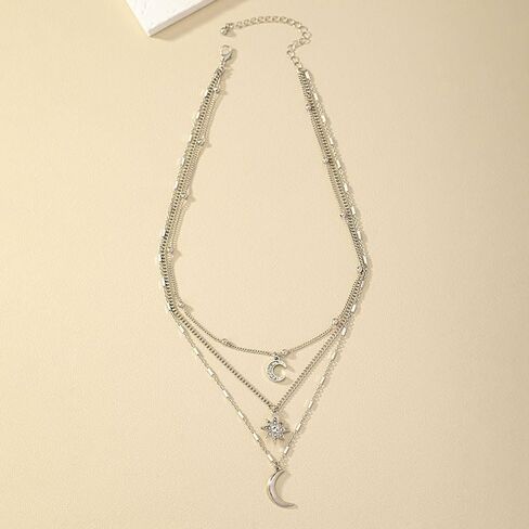 Celestial Layered Necklace, Silver Chain with Crystal Moon and Star Pendants, 3-Strand Design in Saudi Arabia