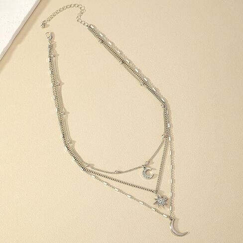 Celestial Layered Necklace, Silver Chain with Crystal Moon and Star Pendants, 3-Strand Design in Saudi Arabia
