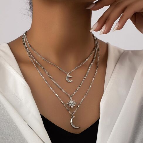 Celestial Layered Necklace, Silver Chain with Crystal Moon and Star Pendants, 3-Strand Design in Saudi Arabia